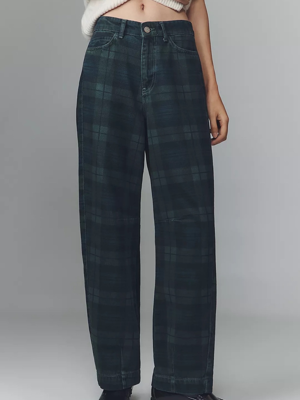 High-Rise Plaid Wide-Leg Jeans in Dark Green